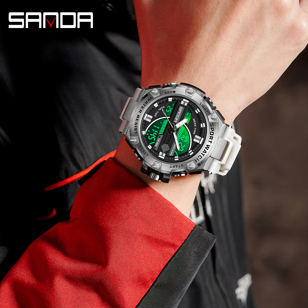 SANDA 3185 Men's New Rubber Strap Alarm Mode Waterproof and Shockproof Outdoor Sports Timing Watch