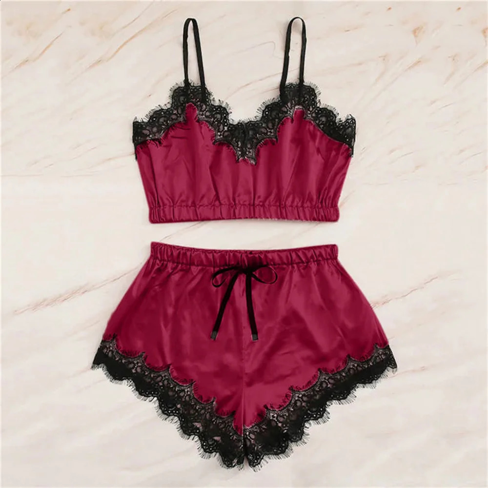 Women Pajama Suit Fashion VNeck Lace Stretch Satin Babydoll Sexy Lingerie Bowknot Pyjamas Sleep Shorts Set Sleepwear 240925