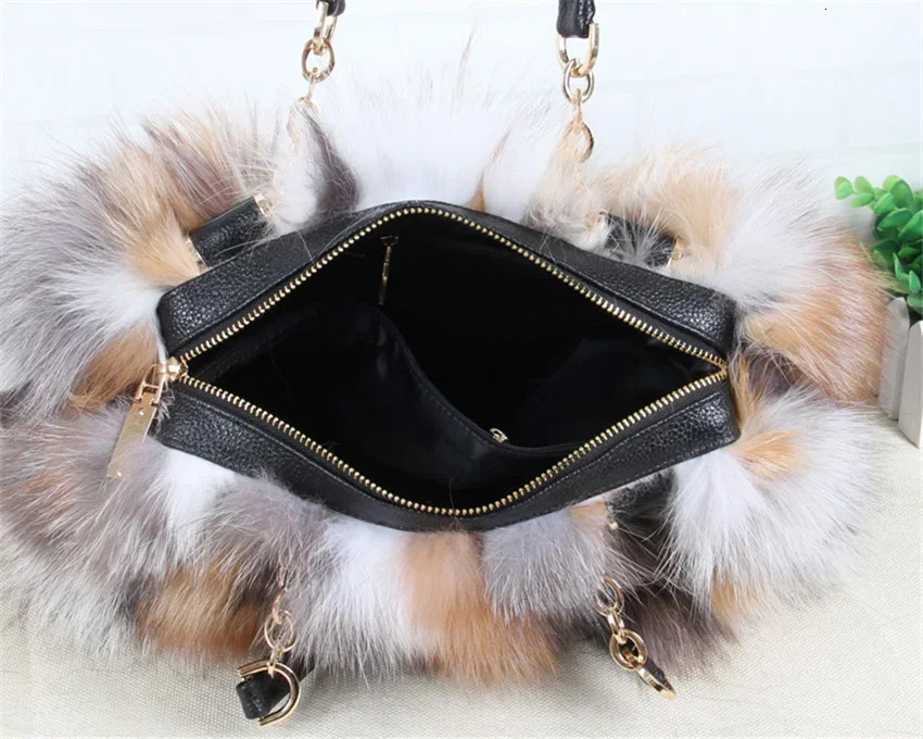 Real Fox Fur Women Tote Shoulder Winter Evening Party Bag Ladies Purses And Handbags