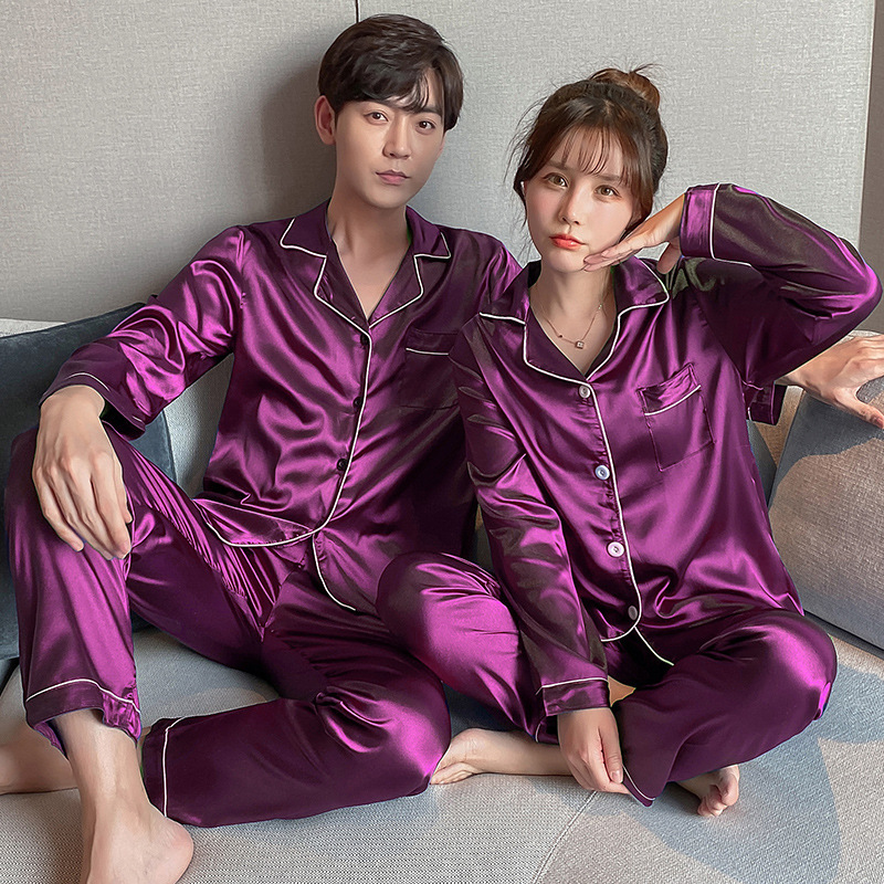 Pama Couple Ice Pamas Imitation Silk Long Sleeve Women's Casual Loose Large Men's Home Wear Sleepwear