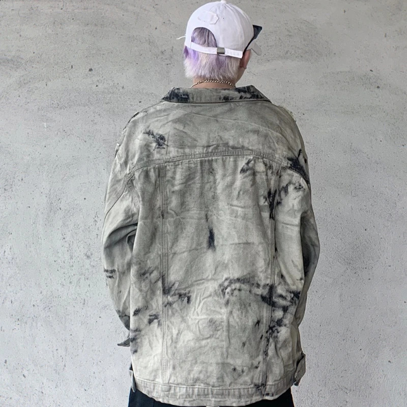 Denim Jackets Men Casual Baggy Fashion High Street Tie Dye Spring Autumn Hole Pocket American Style Vintage Handsome 240913