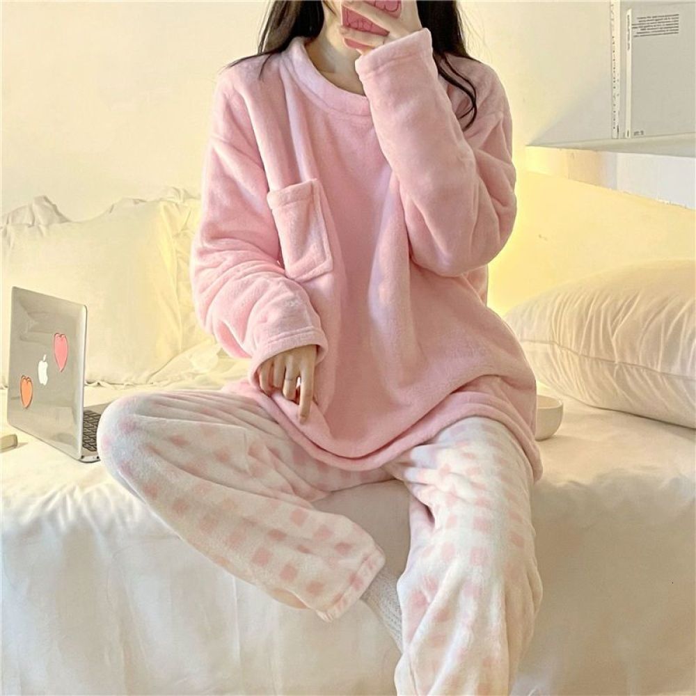 Fleece Thick Warm Women's Pamas Winter Sleepwear Casual Solid Top and Plaid Pants Soft Pijamas Set for Women Home Suit