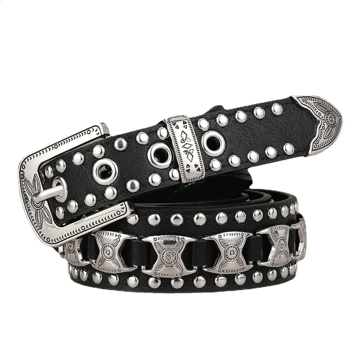 Maikun mens European and American punk with fashionable womens rivet wide waist crossover jeans unisex style 240921