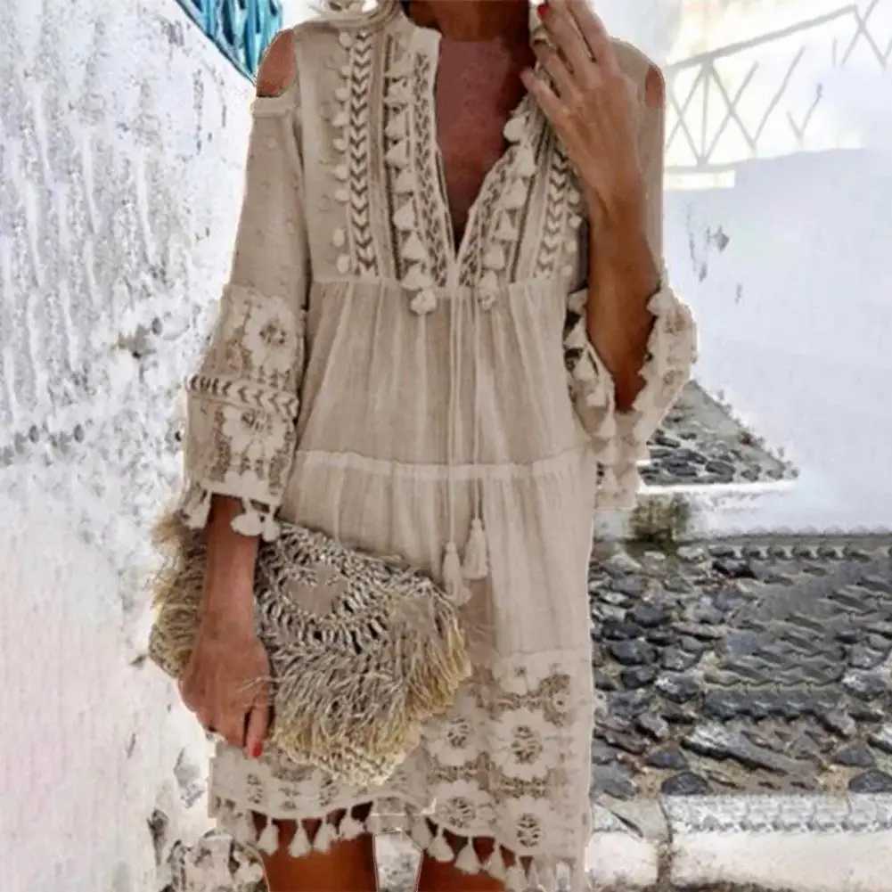 Sexy Womens Shift Dress Long Sleeve Tassel Fringe Lace Robe Strapless Deep V-Neck Female Summer Casual Boho Vacation Dresse M240924