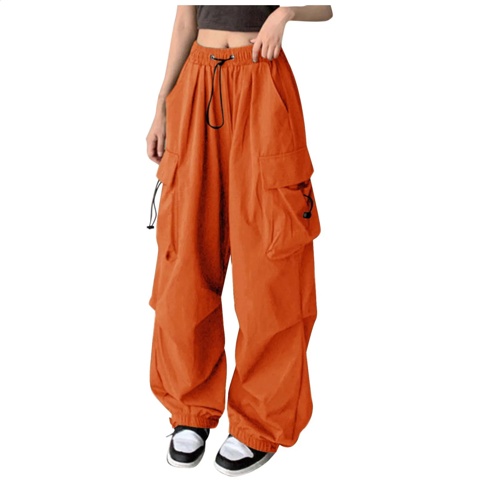 Multi pocket unisex solid color cargo womens high waisted pleated loose sports elastic casual hip-hop wide leg pants Z260314