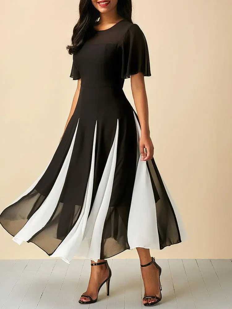 Plus Size Dress for Women Chiffon Patchwork Short Sleeve Casual Tunic Midi Dress Striped A-Line Round Neck Elegant Vintage Dress M240924