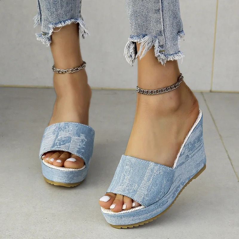 Slippers Women Summer Shoes Big Size On A Wedge Pantofle Slides Platform Heeled Mules Fashion Low Denim High Luxury PU Rome 240924