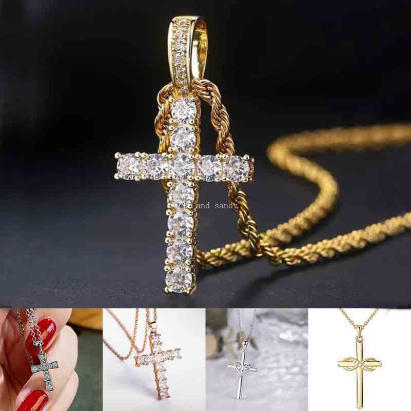 Iced Out Christian Cubic Zirconia Silver Gold Jesus Cross Necklace Pendant Charm Designer Jewelry Gold Chain Crystal Diamond Necklaces for Woman Man Fine Jewellry