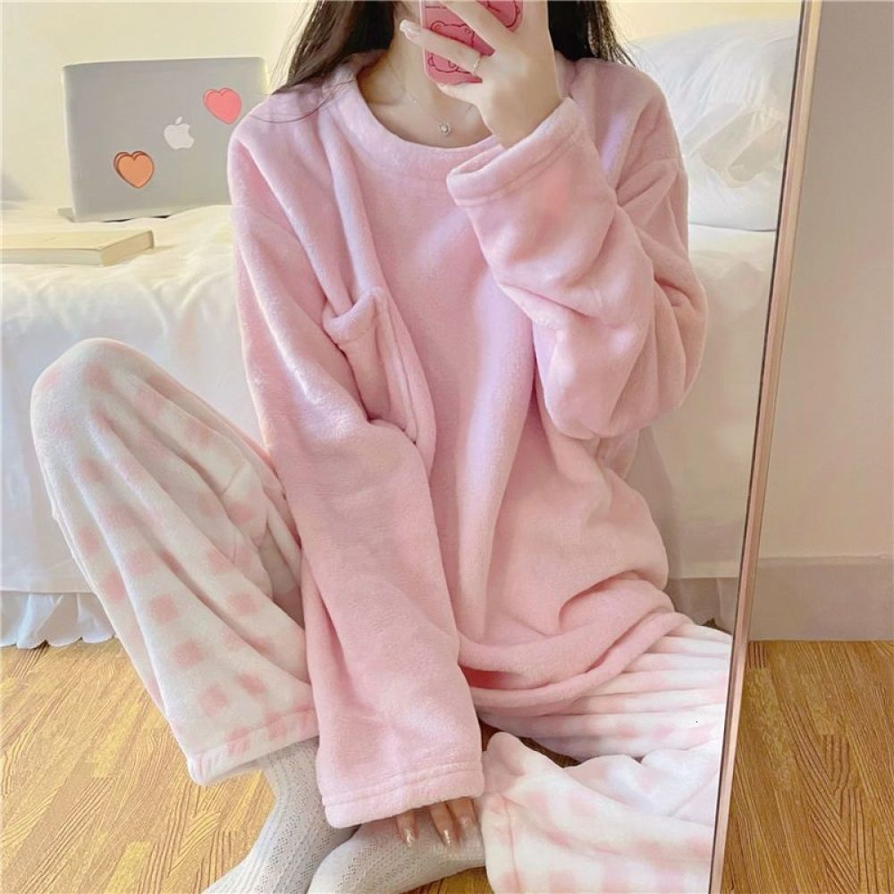 Fleece Thick Warm Women's Pamas Winter Sleepwear Casual Solid Top and Plaid Pants Soft Pijamas Set for Women Home Suit