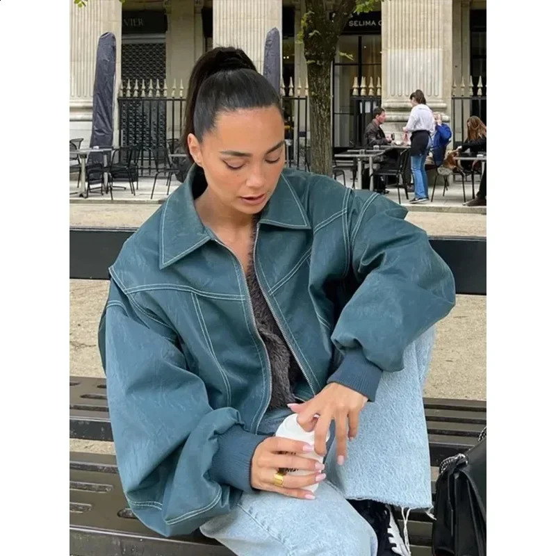 Womens Zipper Leather Bomber Jacket Coats Large Contrast Knitted Collar Long Sleeve Motorcycle Autumn Coat Top 240924