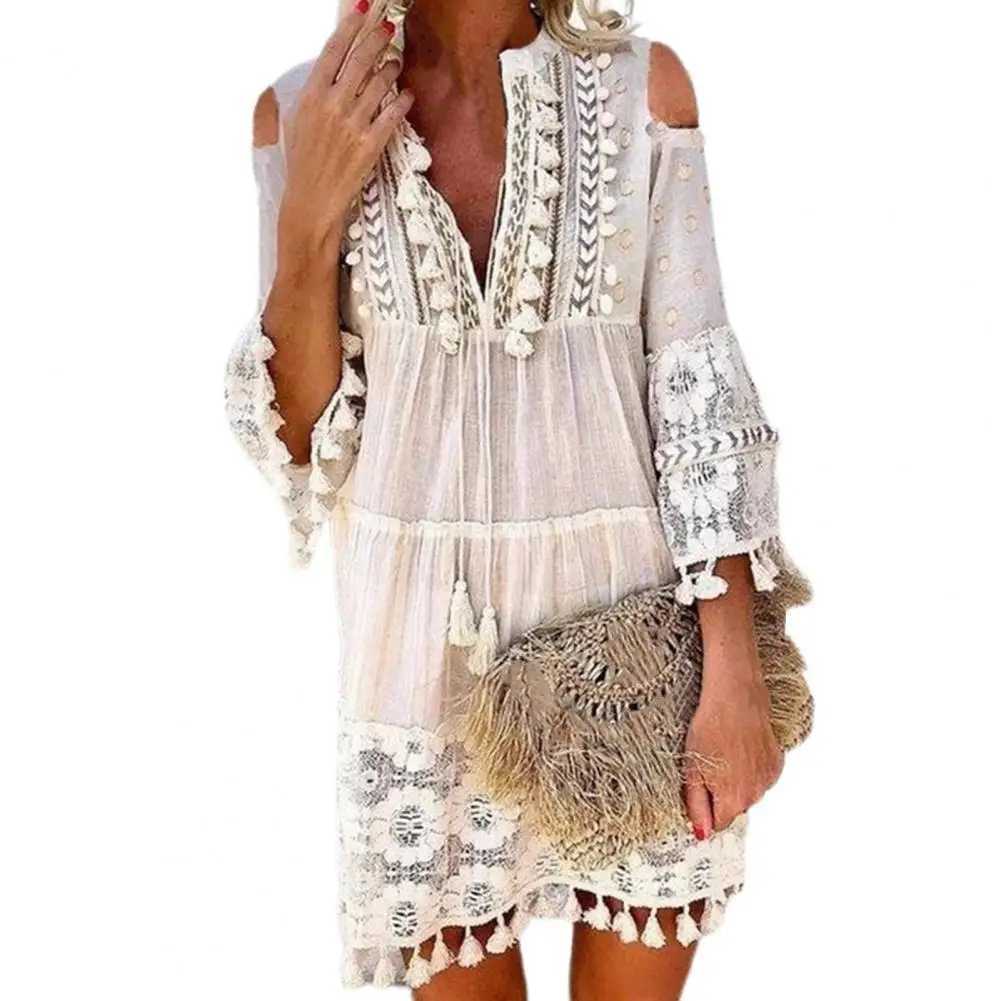 Sexy Womens Shift Dress Long Sleeve Tassel Fringe Lace Robe Strapless Deep V-Neck Female Summer Casual Boho Vacation Dresse M240924