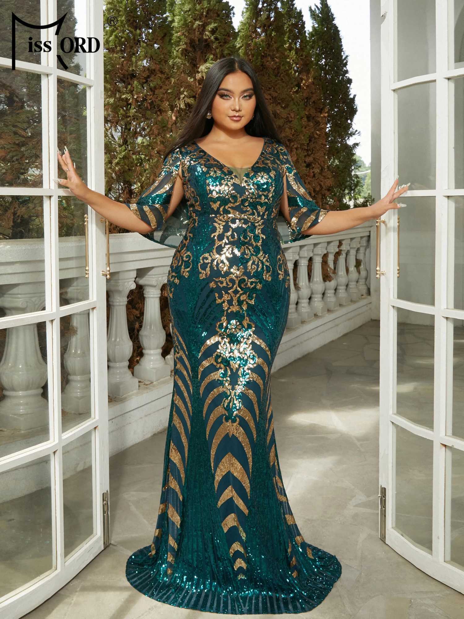 Missord New Plus Size Green V Neck Geometric Batwing Sleeve Sequin Mermaid Evening Prom Floor Length Dress M240924