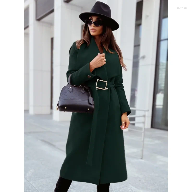 Women's Trench Coats S-2XL Size Windbreaker Coat Simple Solid Color Long Sleeved Button Fashion V-neck Belt Casual Wool