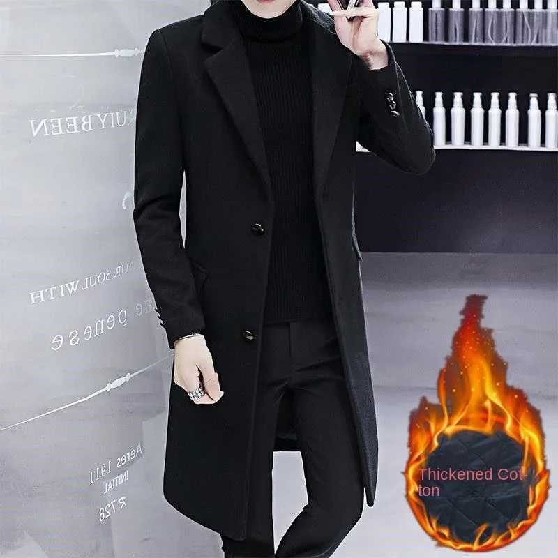2023 New Woolen Coat Mens Autumn and Winter Windbreaker Mens Mid length Korean Slim Fit Woolen Coat Y240924