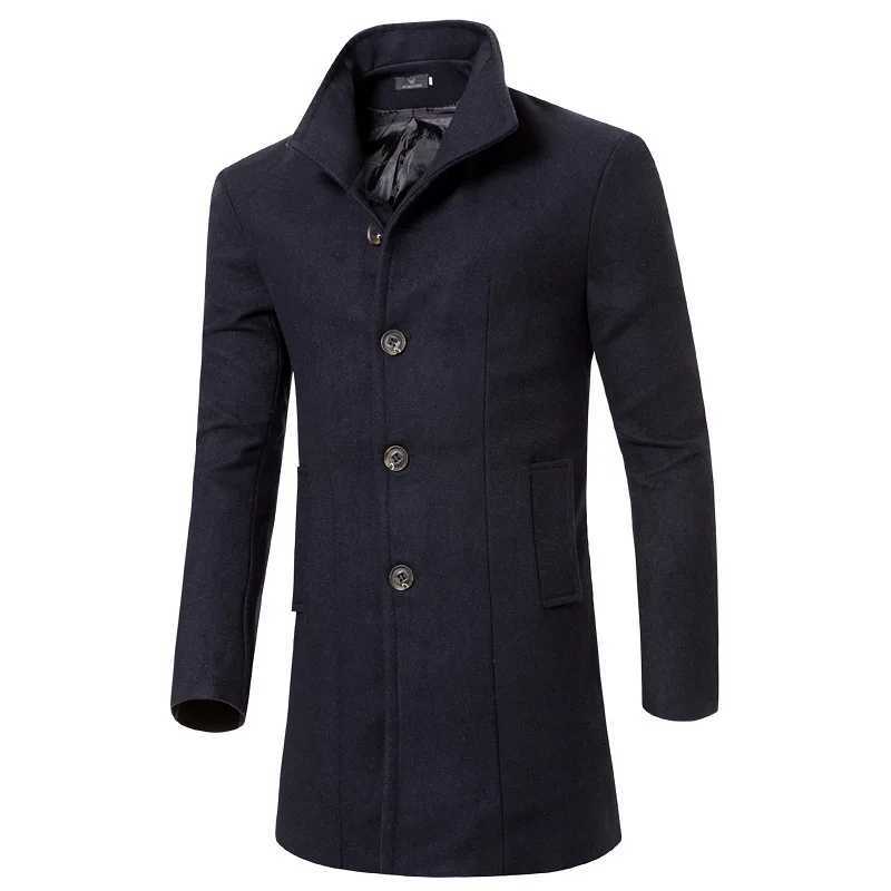 2023 Autumn and Winter Mens Casual Solid Color Slim Fit Korean Version Medium Long Coat Mens Woolen Windbreaker Coat Y240924