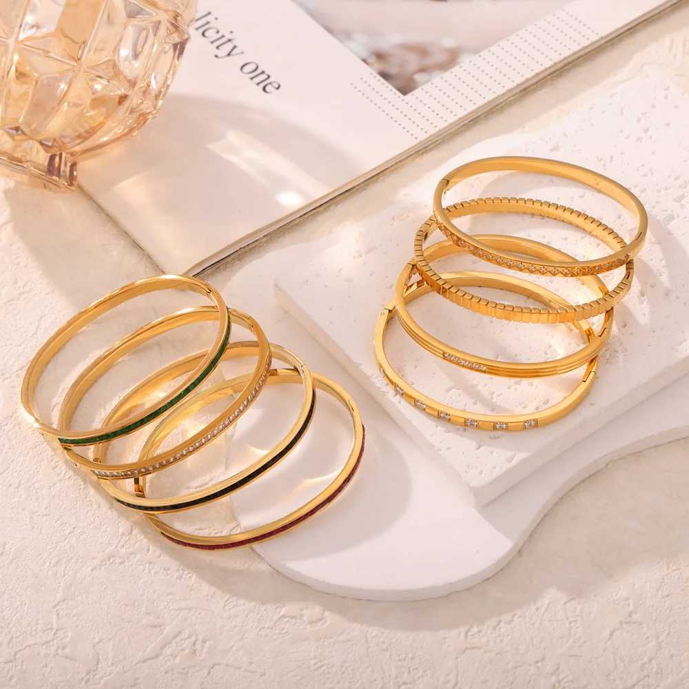 Waterproof Luxury Green Black White Cubic Zirconia Bangles Stainless Steel Open Bracelet Bangle 18k Plated Fashion Jewelry WomenX240925