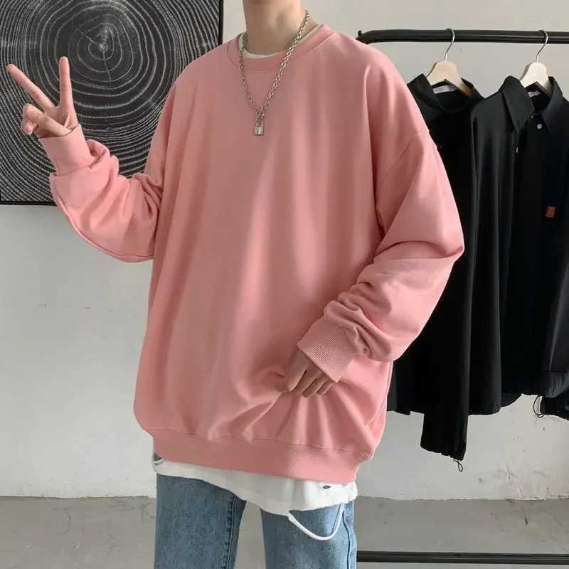 2024 Autumn Mens Round Neck Long Sleeve T-shirt Solid Color Inner Base Layer Top Couple Pink Hoodie Sweatshirt Casual SceneX240925