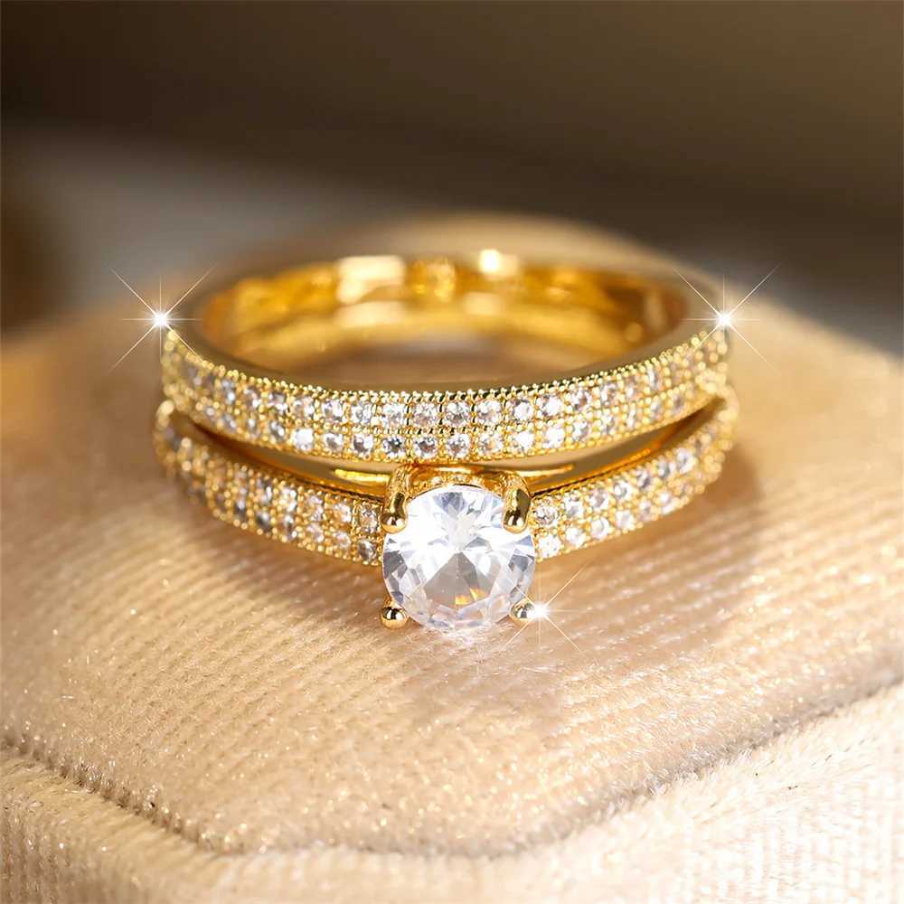 White zircon engagement ring set luxury crystal round stone womens double ring retro gold wedding ring Bohemian jewelry W240925