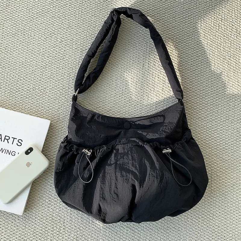 College Students Pleated Bag Casual Niche Korean Nylon Bag Large Capacity Female Crossbody Bag Solid Color Trendy Shoulder Bag Z240924