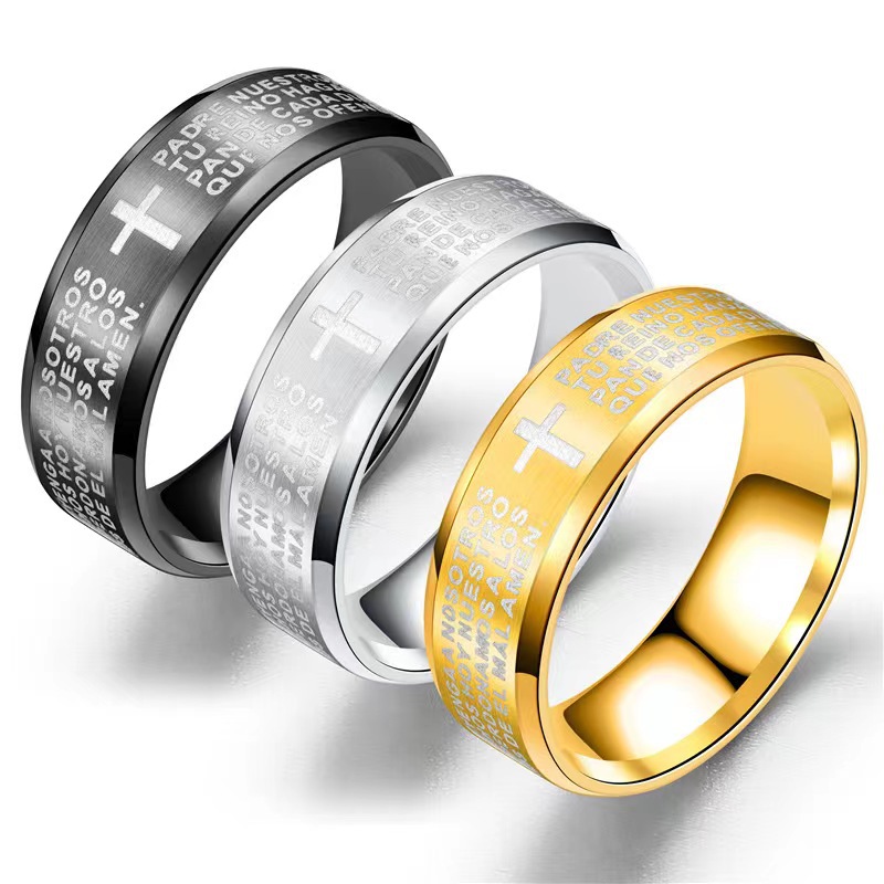 316L Stainless Steel Bible Ring for Men Women Gold Silver Black Spanish Religious Cross Rings Father Prayer Padre Nuestro Letter Rings 8mm