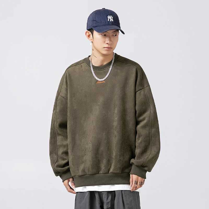 350g Suede Round Neck Sweatshirt for Men Spring New Japanese Style Heavyweight Branded Loose Fit Embroidered Top OuterwearX240925
