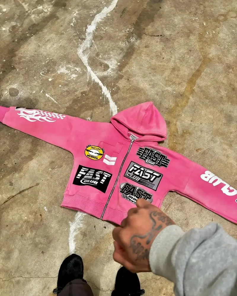 Fashion letter printing design zipper oversized pink hooded sweatshirt for men Y2K street fashion hip-hop aesthetic bag sweater 2024 240924