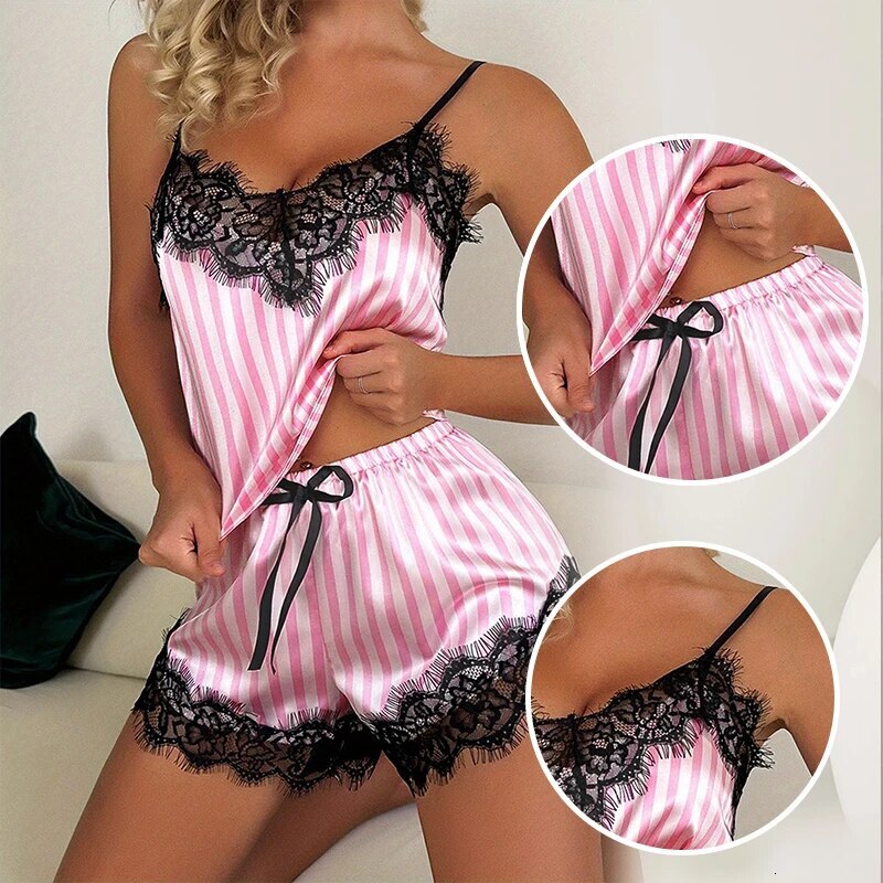 Two Piece V-Neck Lace Suspender Shorts Casual Women's Sleeveless Sexy Pama Set