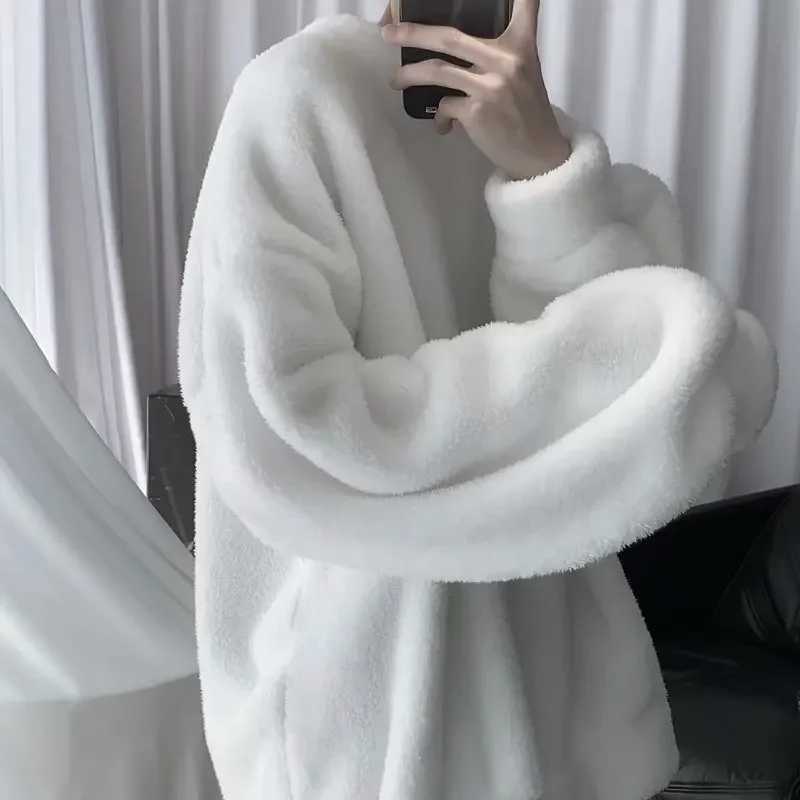 Autumn Winter Dull Black Sheep Velvet Sweatshirt Loose Fit Round Neck Student Couple Look Fleece Lined Thickened Jacket TrendyX240925