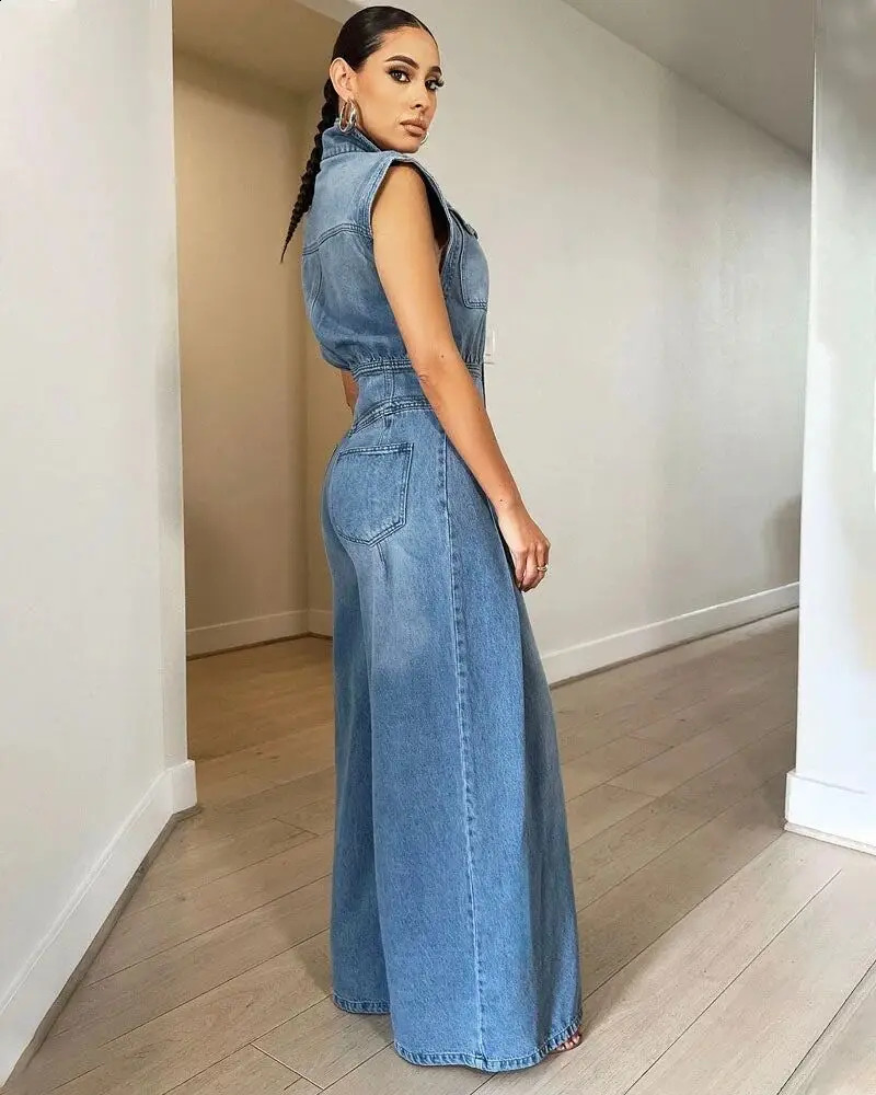 Sexy womens wide leg jeans elegant collar denim loose jumpsuit 240925