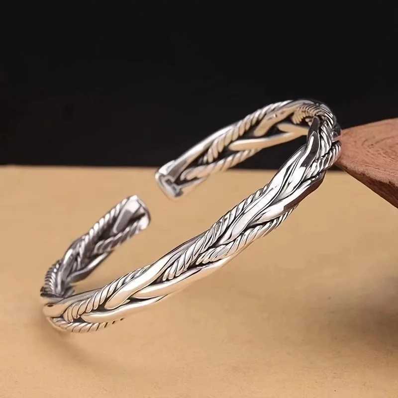 One European and American Antique Silver Bracelet Male and Female Personality Fried Dough Twists Opening Adjustable BraceletX240925