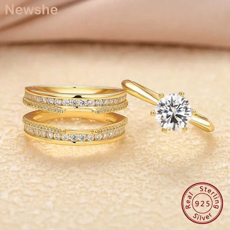 News 925 sterling silver yellow K-gold ring womens round AAAA cubic zirconia engagement ring bride enhancement set jewelry W240925