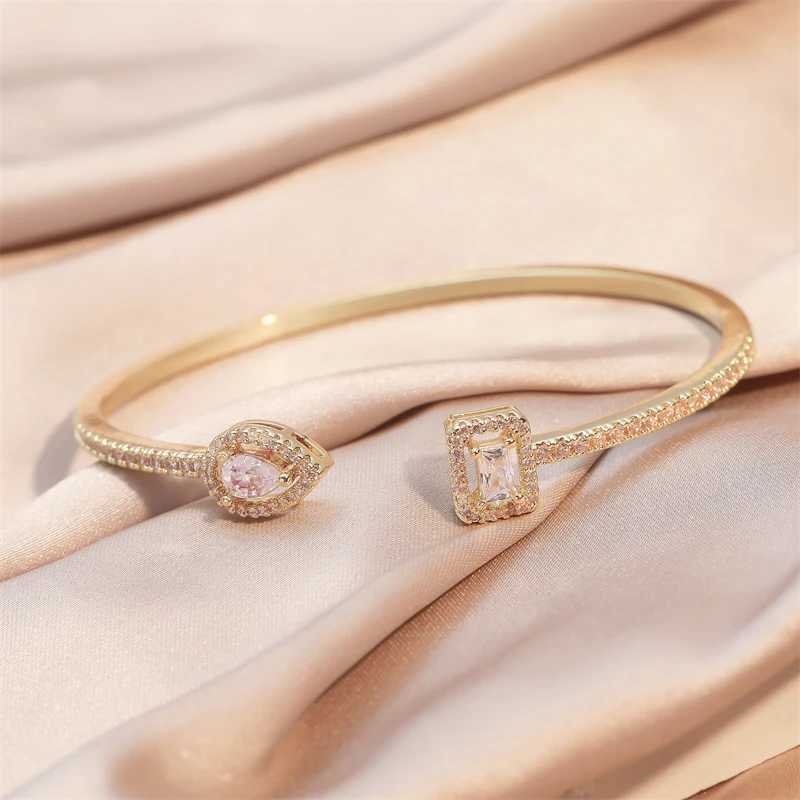 Fashion Round Cubic Zirconia Open Bracelets For Women Men Gold Silver Tear Drop Shape Square Copper Bracelet Party Daily JewelryX240925