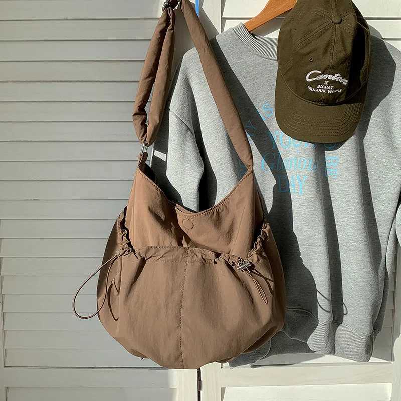 College Students Pleated Bag Casual Niche Korean Nylon Bag Large Capacity Female Crossbody Bag Solid Color Trendy Shoulder Bag Z240924
