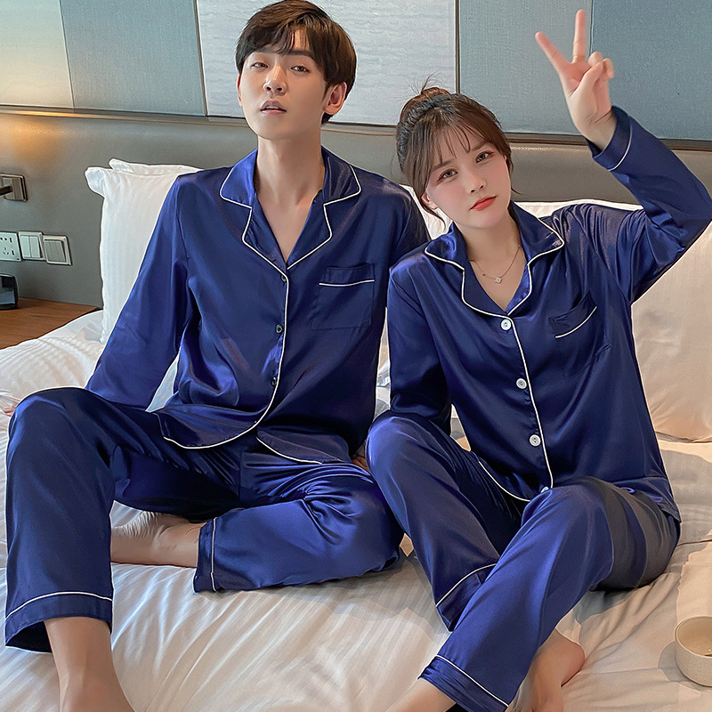 Pama Couple Ice Pamas Imitation Silk Long Sleeve Women's Casual Loose Large Men's Home Wear Sleepwear