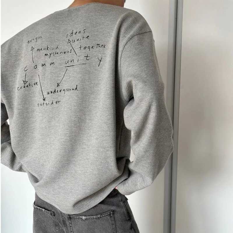 Trendy Korean Style Personalized Floral Gray Waffle Print Long-sleeved Autumn American Mens Womens Y2K Round Neck SweatshirtX240925