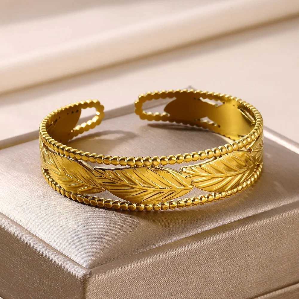 Fashion Leaf Wide Bracelet Gold Color Stainless Steel Open Geometric Bracelet Bohemian Jewelry GiftX240925