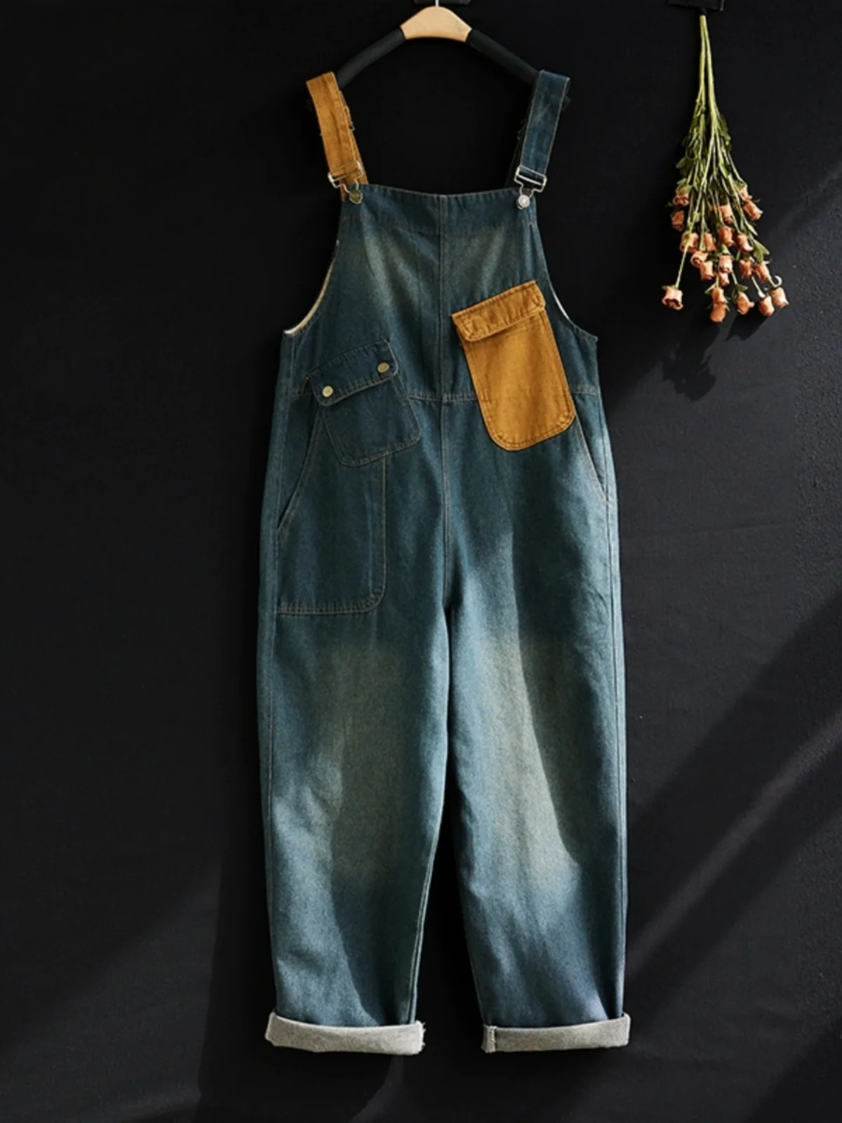 Retro Contrasting Denim Jumpsuits Women Loose Japanese Style Wide Leg Pants Casual Overall Pants Fashion Pocket Cargo Pants 240920