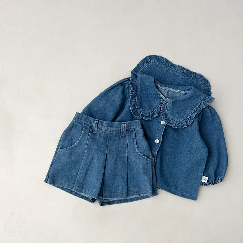 Spring Girls Set denim cardigan sweater hemshort skirt set solid color girls casual fashion ruffled topdenim 240925