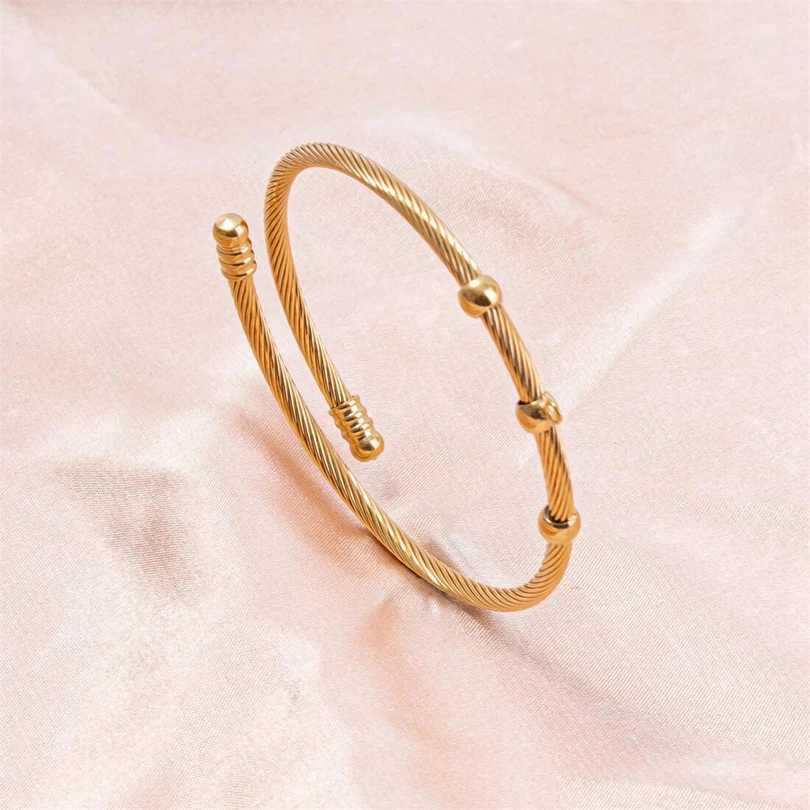1Pc Stainless Steel Simple Beads Twist Cable Wire Bracelet For Women Kpop Styles Punk Open wrist Men Bangle Jewelry AccessoriesX240925
