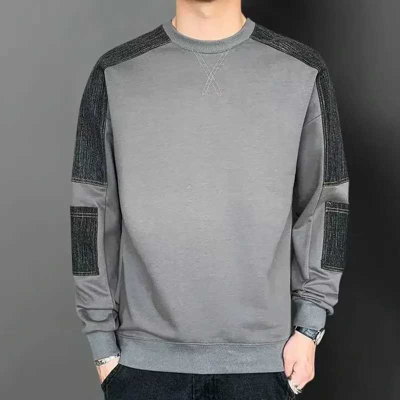 Male Clothes Crewneck Spliced Hoodieless Sweatshirt for Men T-shirt Pullover Top Round Neck Luxury Winter Streetwear No Brand SX240925