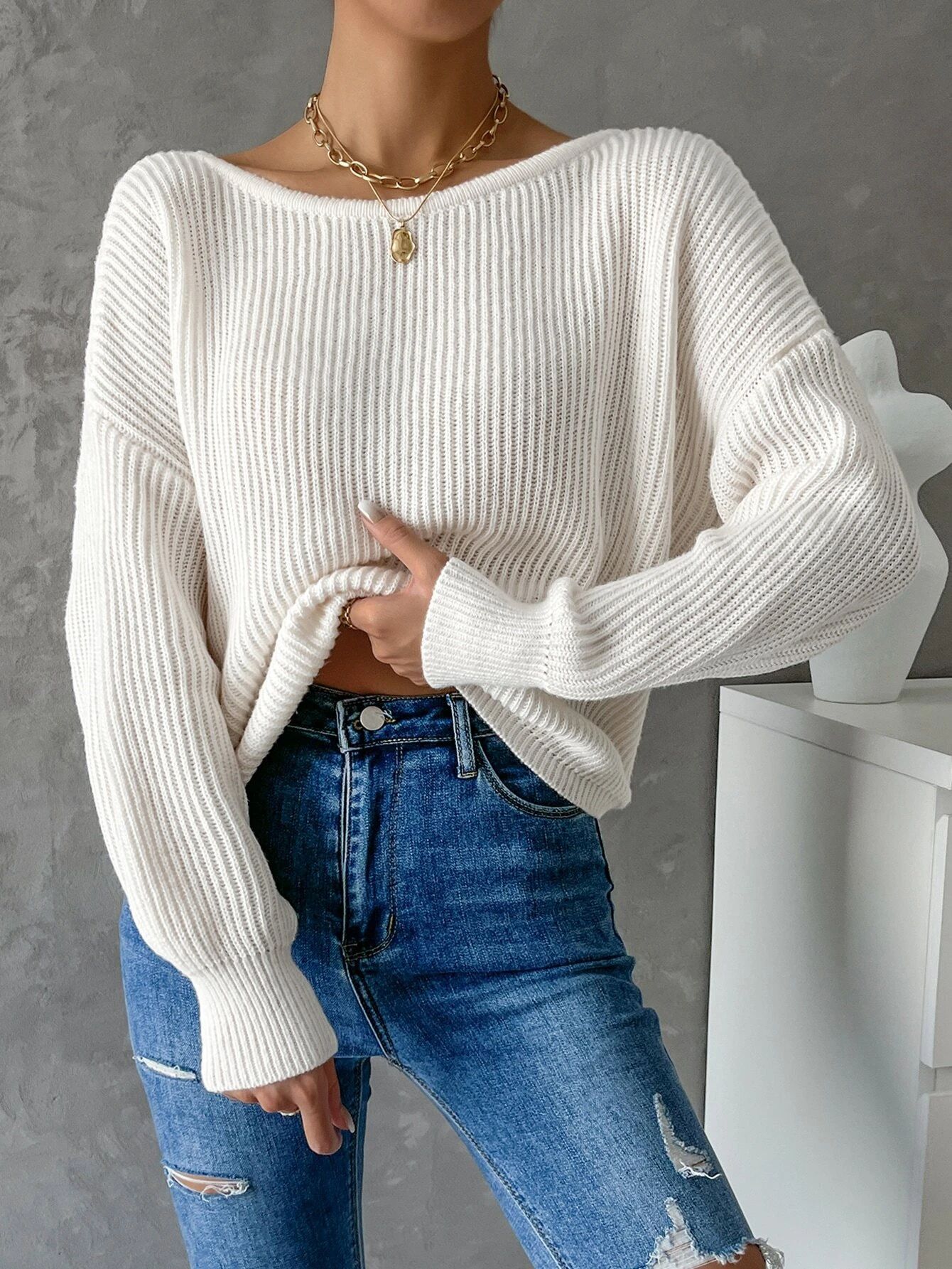 Women's Long Sleeve Backless Sweater - Casual Round Neck Solid Color Knit Top For Fall & Winter