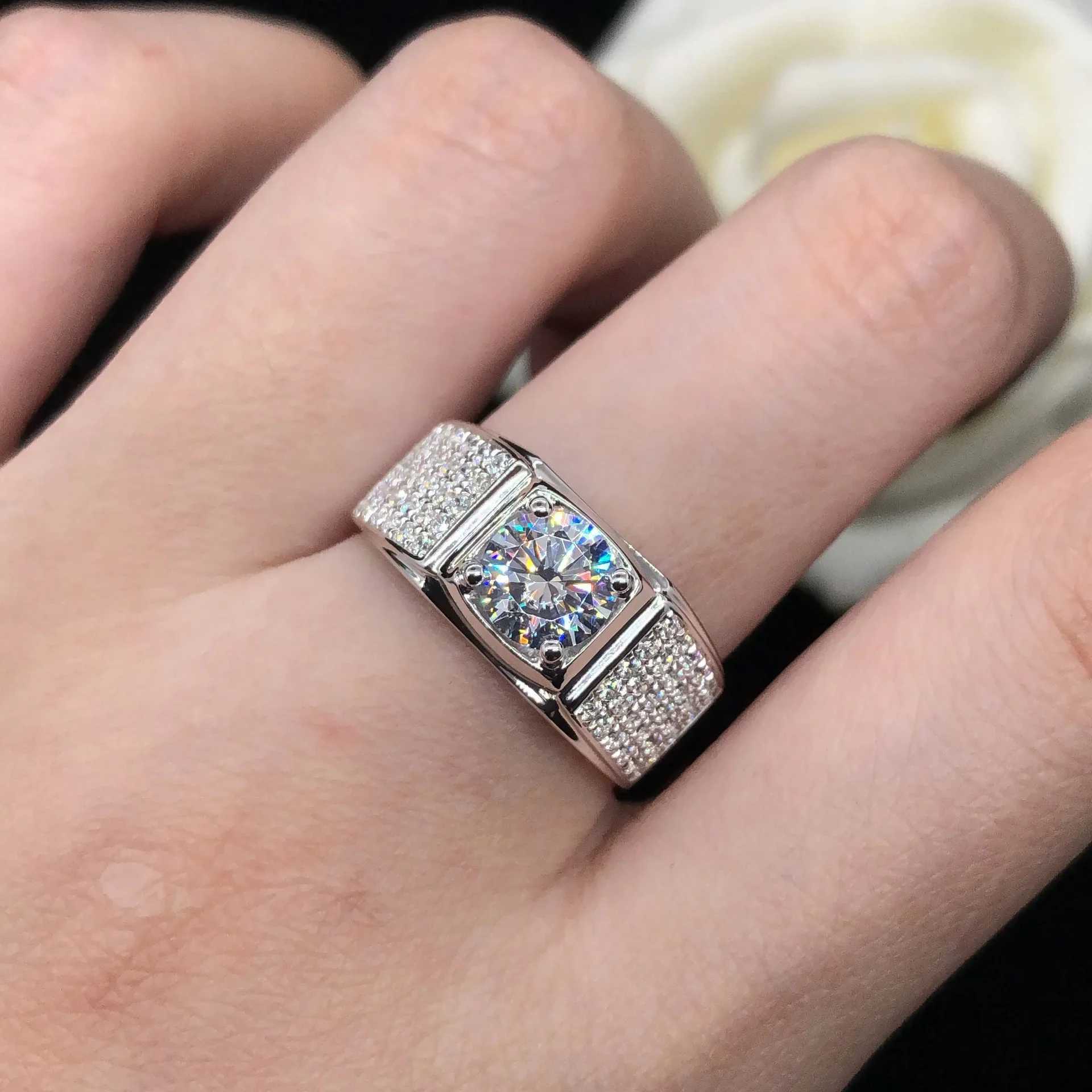 Solid 14K white gold AU585 white gold PT950 Mo silica diamond ring atmospheric mens ring mens ring width W240925