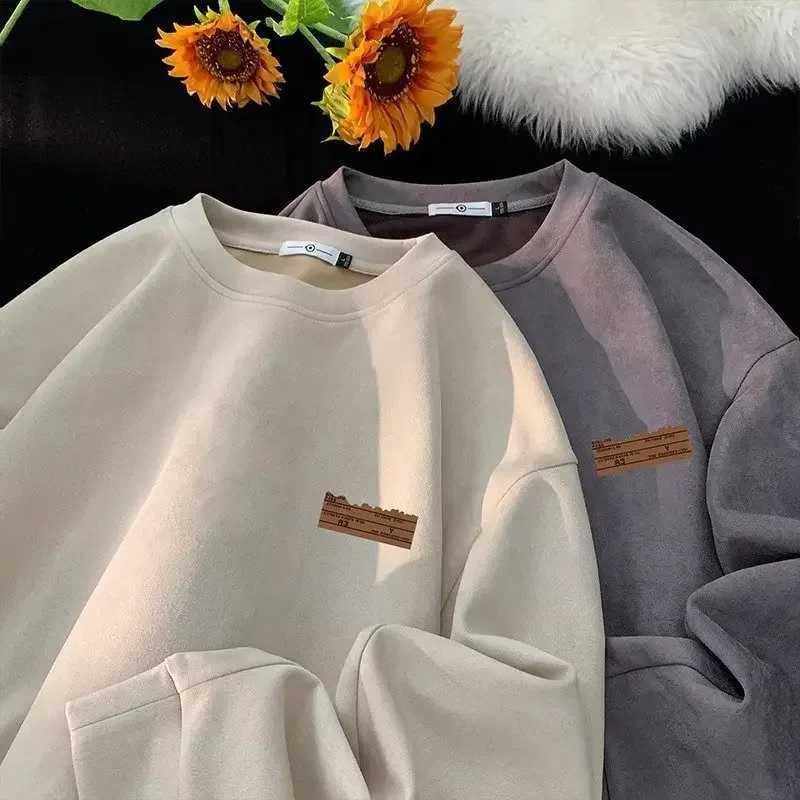 American Style Vintage Color Mens Chamois Leather Fleece Oversize Round Neck Pullover Sweatshirt Versatile Loose-fit HoodiesX240925