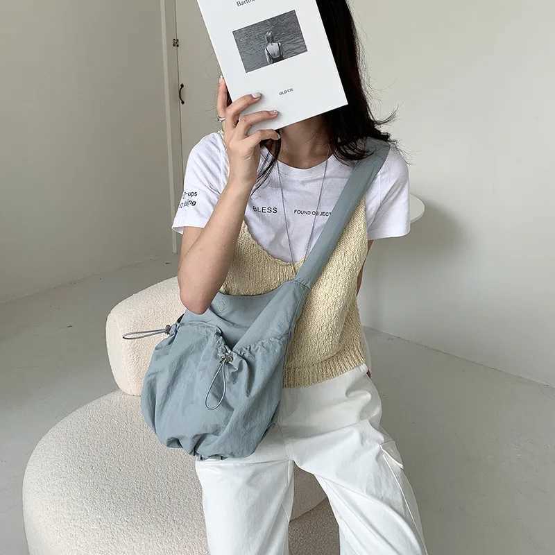 College Students Pleated Bag Casual Niche Korean Nylon Bag Large Capacity Female Crossbody Bag Solid Color Trendy Shoulder Bag Z240924