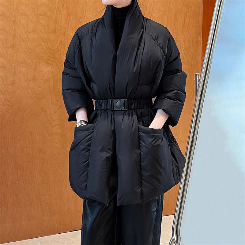 High Quality Winter New Women's V-Neck Waist Tie 90 White Duck Thick Down Y2k Fashion Slim Warm Jacket 2024