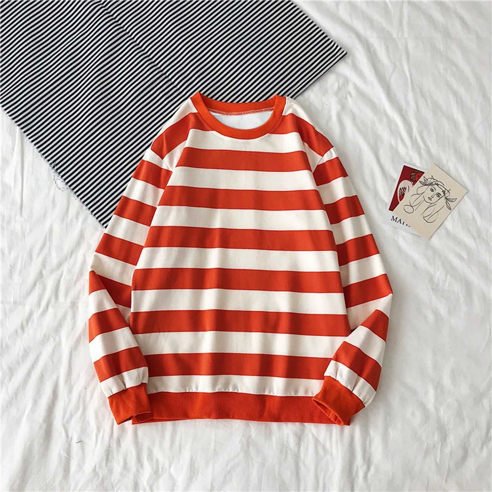 Mens Spring And Autumn Sweatshirts Round Neck Pullover Tops Long Sleeved Stripe Printing Loose Casual Fashion BlousesX240925
