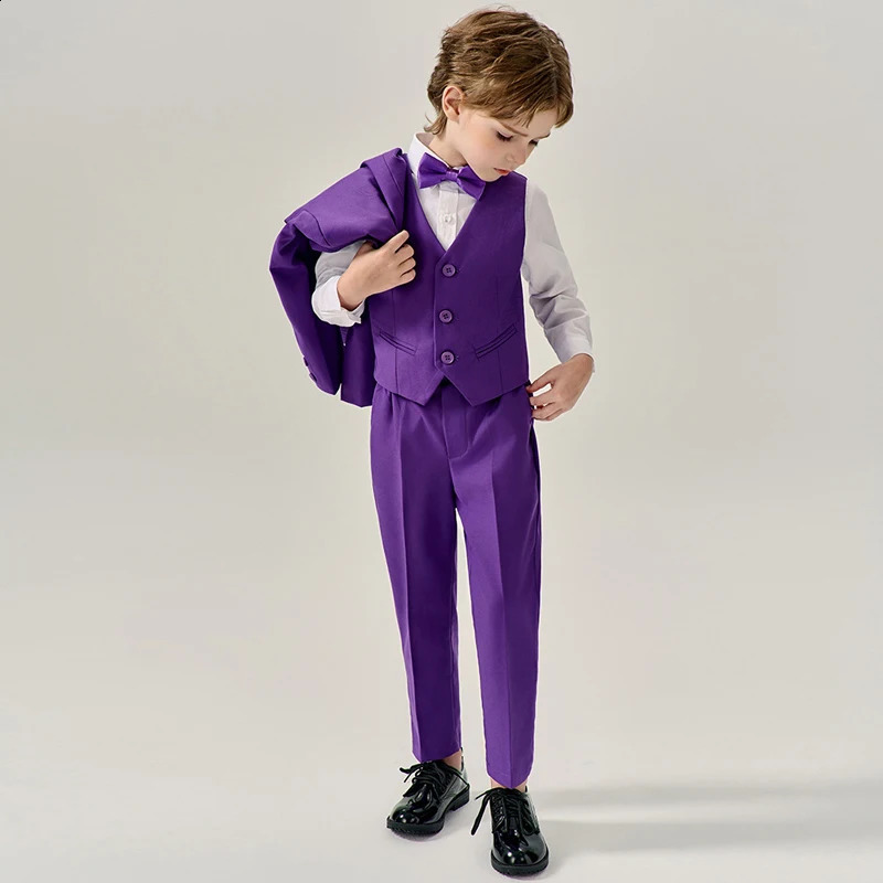 Boys Purple Formal Slim Fit Suit Set child Wedding Birthday Performance Pography Costume Kids Blazer Vest Pants Bowtie Outfit 240919