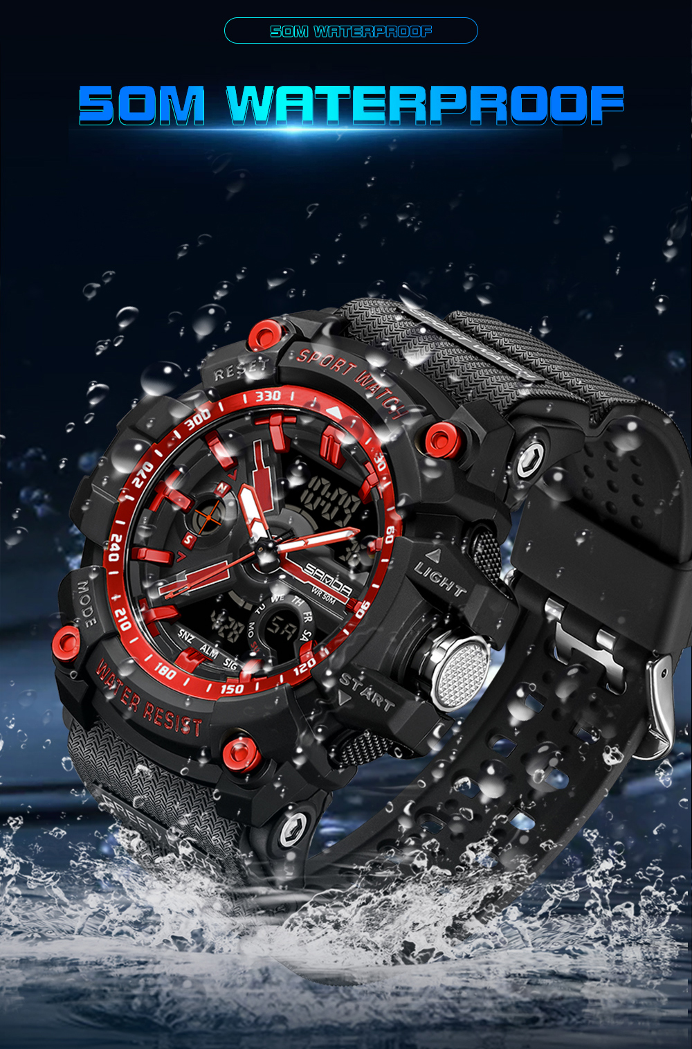 SANDA 3179 Digital Men's Military Watch 50M Waterproof Watch Dual Display Quartz Sports Watch Men's Night Light Relogio Masculino 07