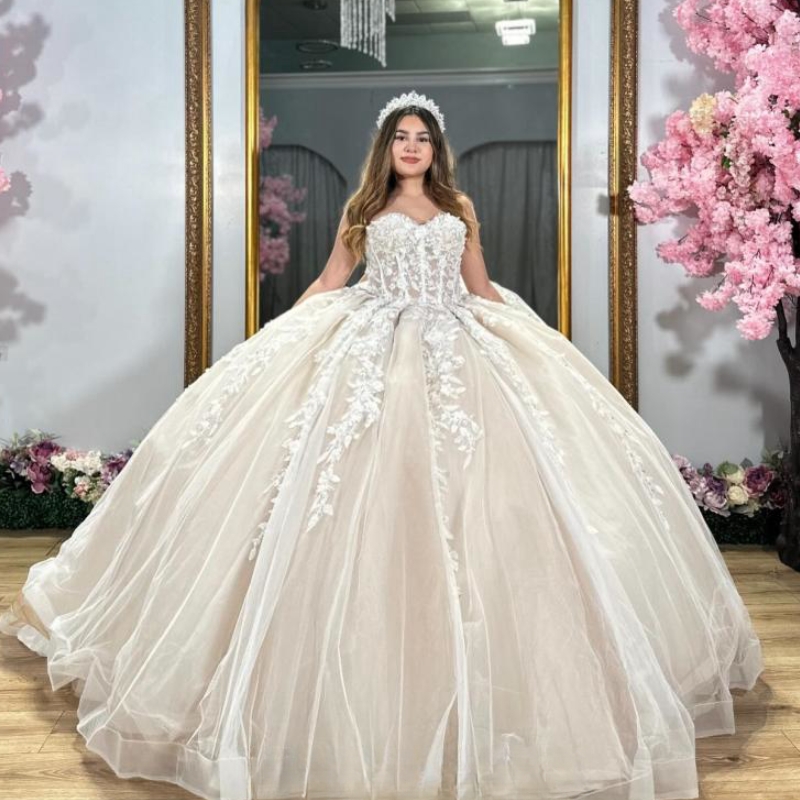 Light Champagne Princess Quinceanera Dresses Ball Gown Off The Shoulder Lace Applique Tull Mexican Corset Sweet 16 Dress Vestido De 15 Anos