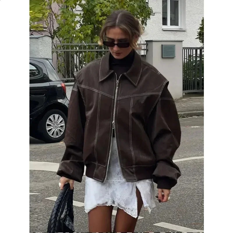 Womens Zipper Leather Bomber Jacket Coats Large Contrast Knitted Collar Long Sleeve Motorcycle Autumn Coat Top 240924